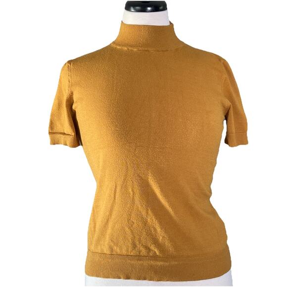 Elie Tahari Women's Sweater Top SM Fitted Mockneck Short Sleeve Mustard Yellow - Picture 1 of 4